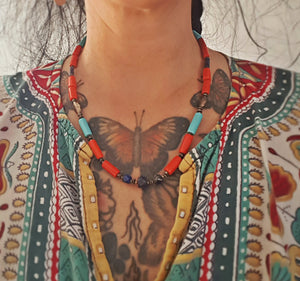 Ethnic Coral, Turquoise and Lapis Lazuli Silver Beads Necklace from India