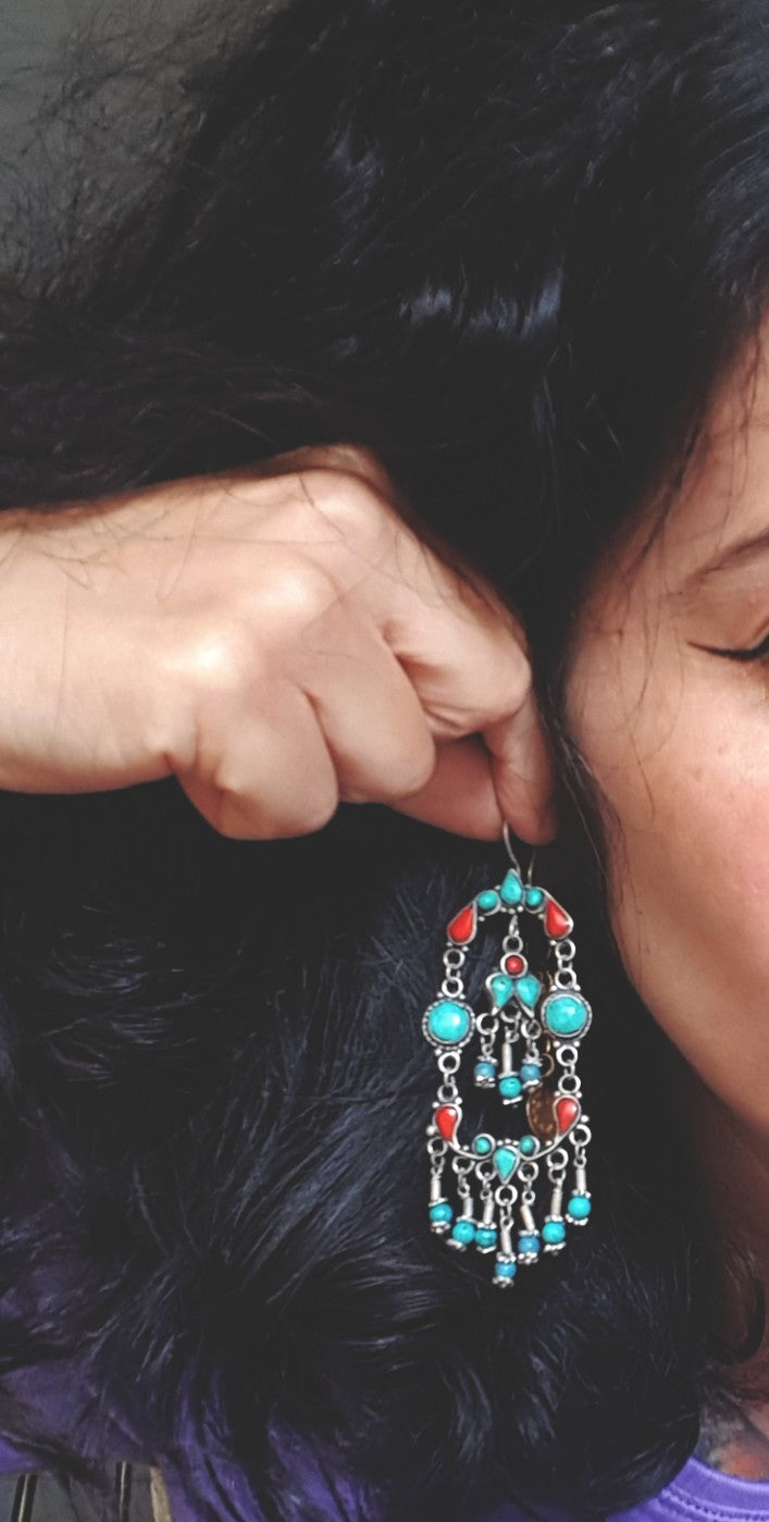 Uzbek Silver Turquoise Coral Earrings