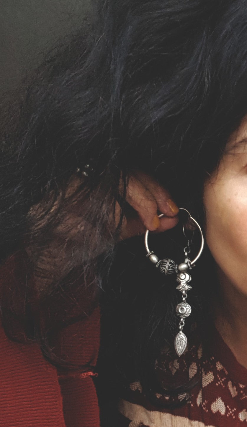 Large Ethnic Bali Hoop Earrings with Wire Work and Bead