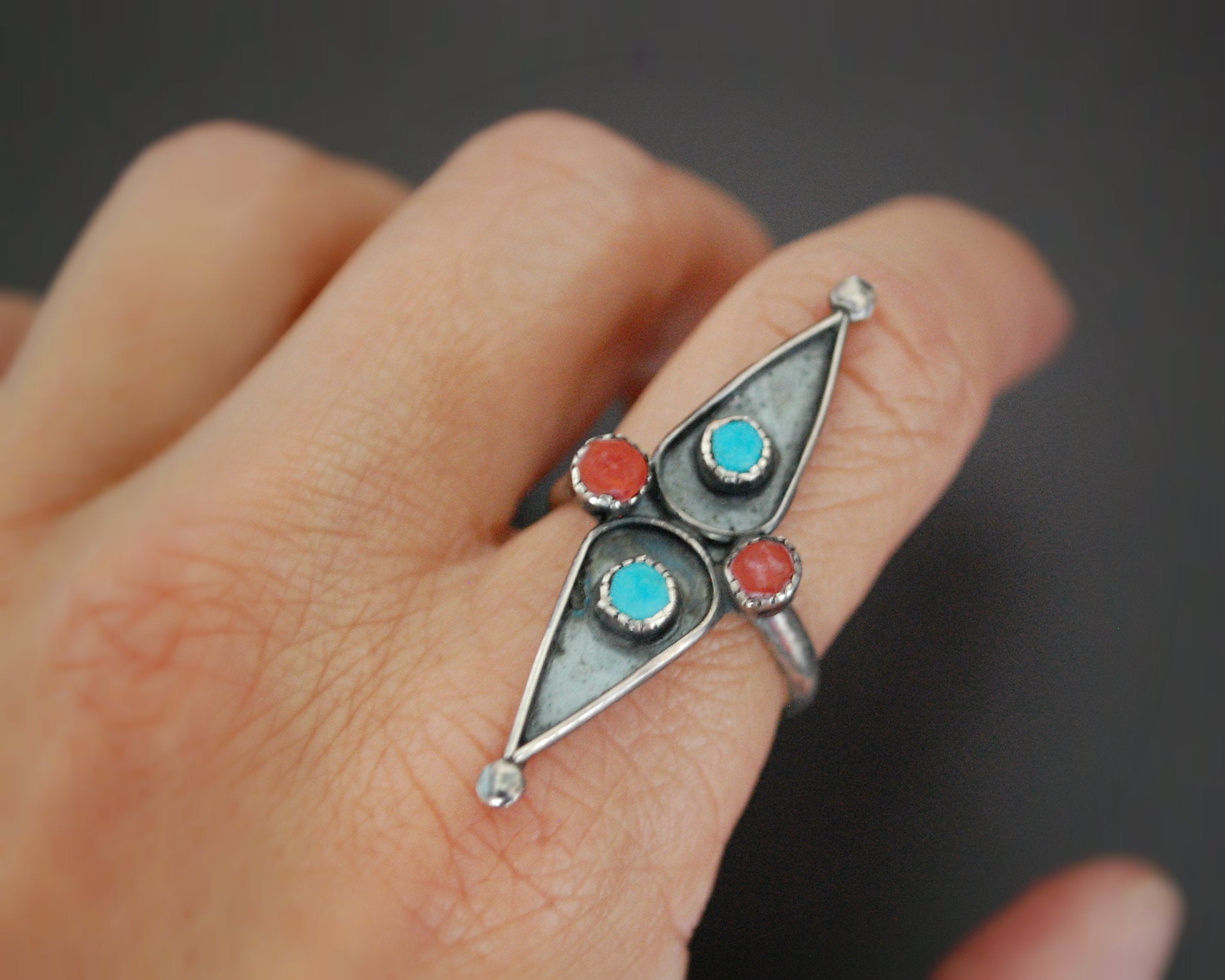 Native American Coral Turquoise Ring - Size 8