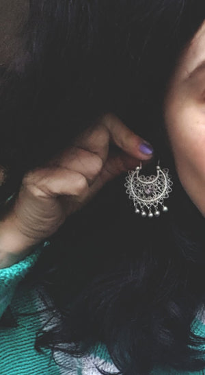 Filigree Silver Amethyst Hoop Earrings with Dangles