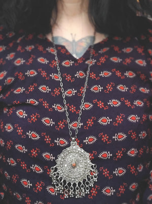 Yemeni Filigree Coral Pendant with Dangles on Silver Chain