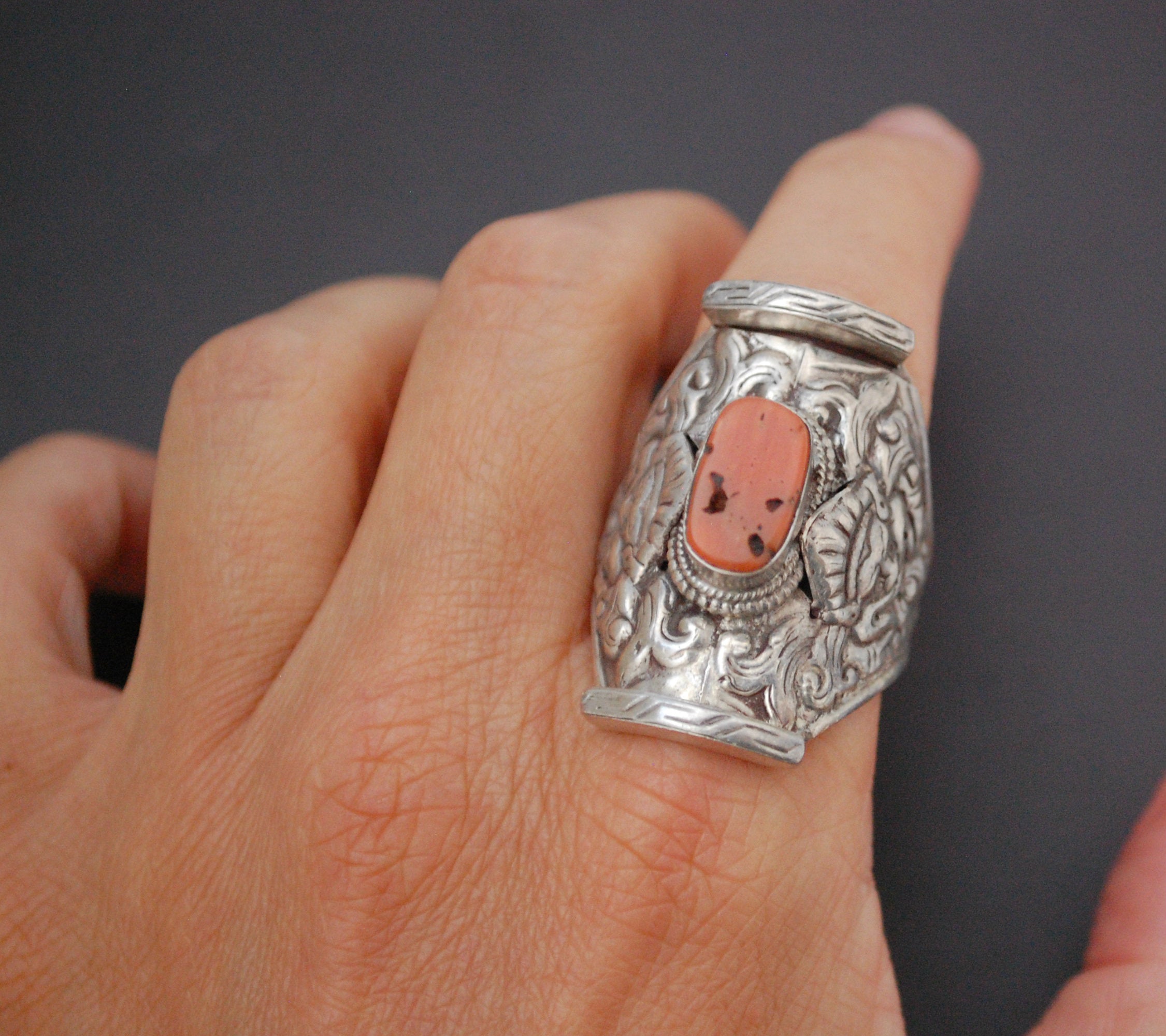 Large Tibetan Coral Saddle Ring - Size 12.5