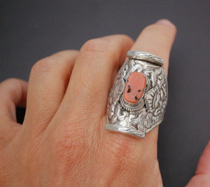 Large Tibetan Coral Saddle Ring - Size 12.5