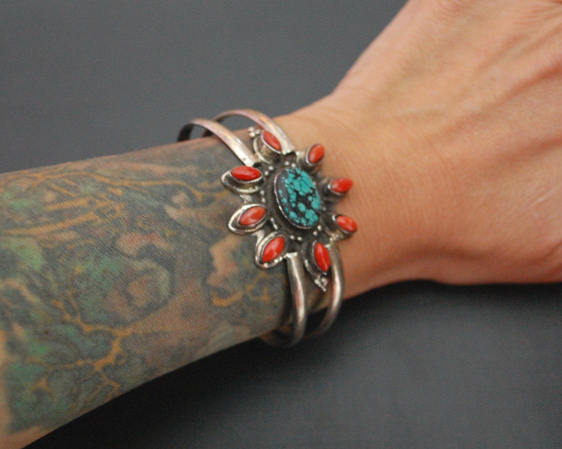Nepali Coral and Turquoise Cuff Bracelet