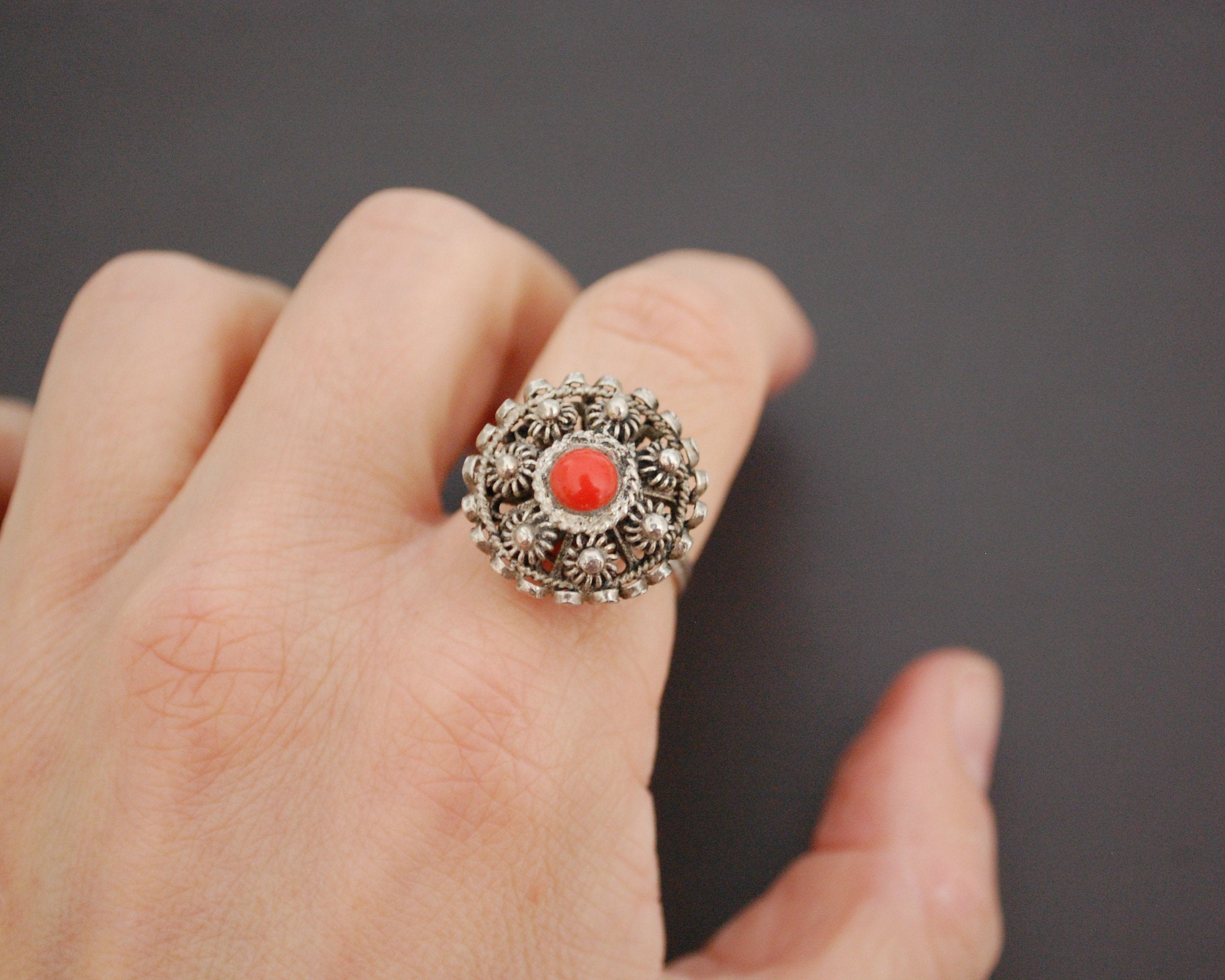 Croatian Coral Filigree Ring - Size 6.5