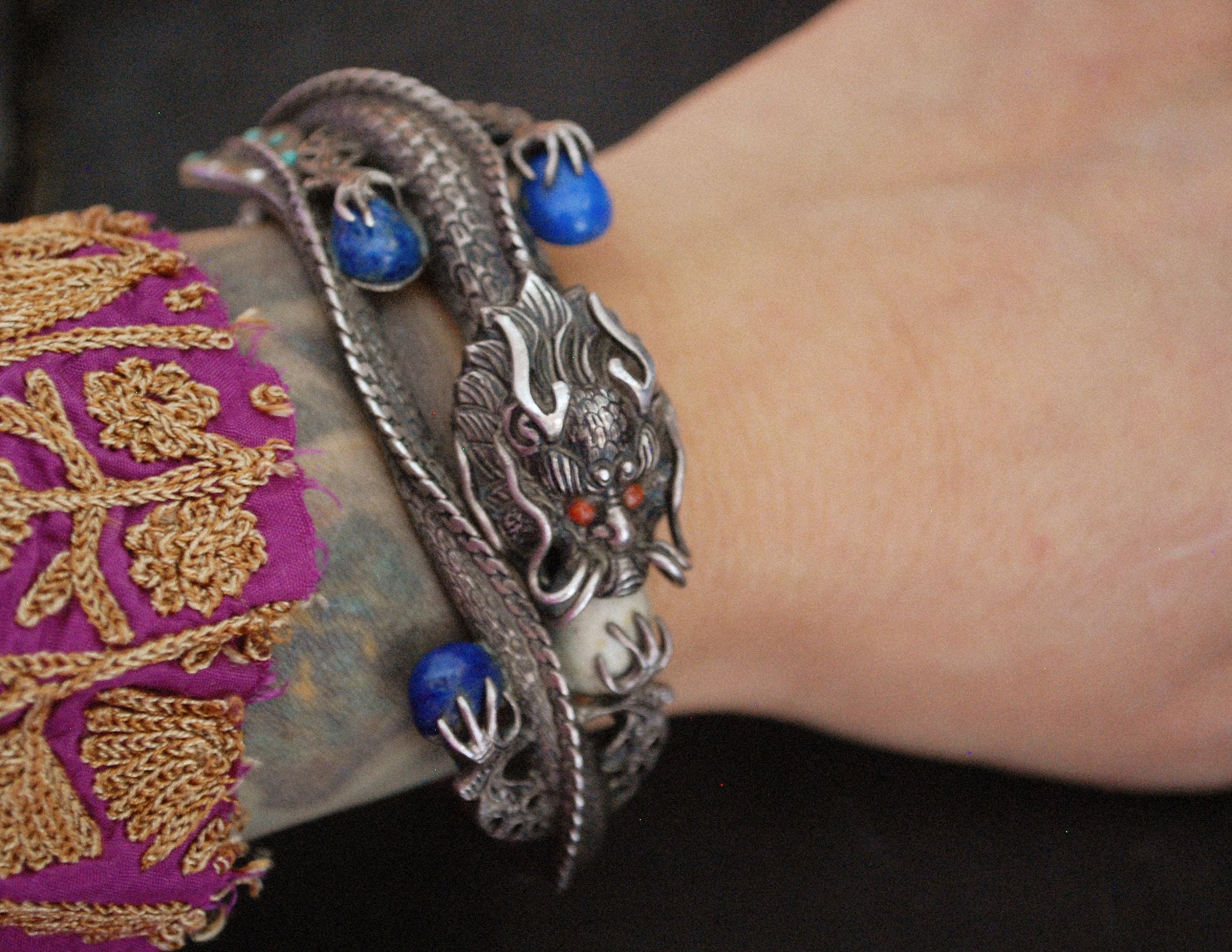Fabulous Nepali Hinged Dragon Bracelet with Lapis Lazuli, Coral and Turquoise