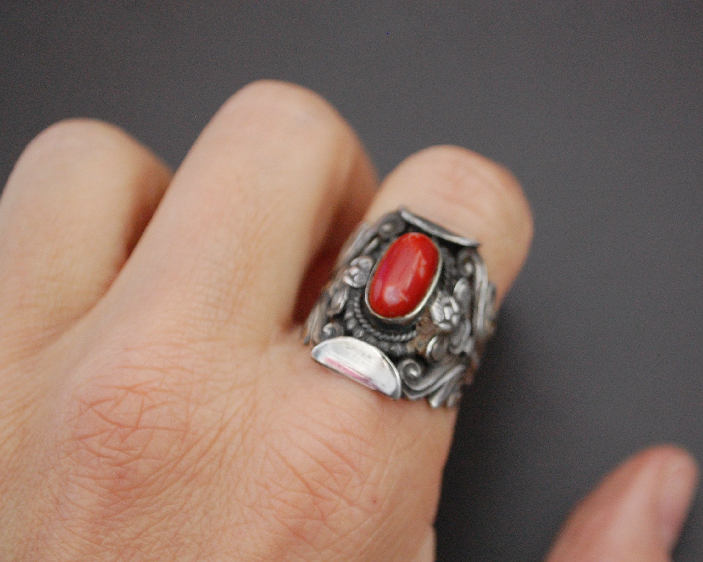 Nepali Coral Saddle Ring - Size 7.5