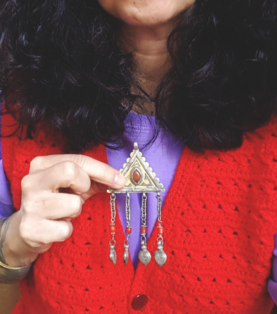 Turkmen Gilded Silver Carnelian and Glass Pendant