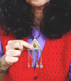 Turkmen Gilded Silver Carnelian and Glass Pendant