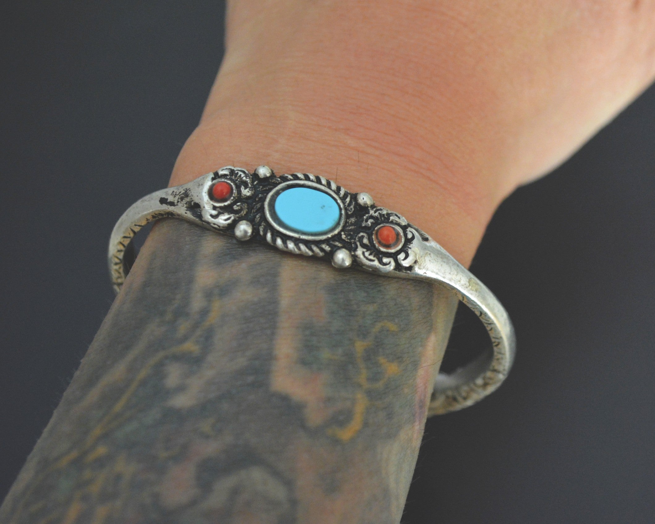 Small Makara Head Bracelet with Coral and Turquoise