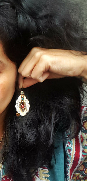 Turkmen Gilded Earrings with Carnelian and Turquoise