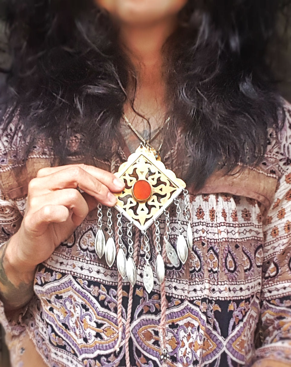 Antique Turkmen Pendant with Carnelian and Dangles