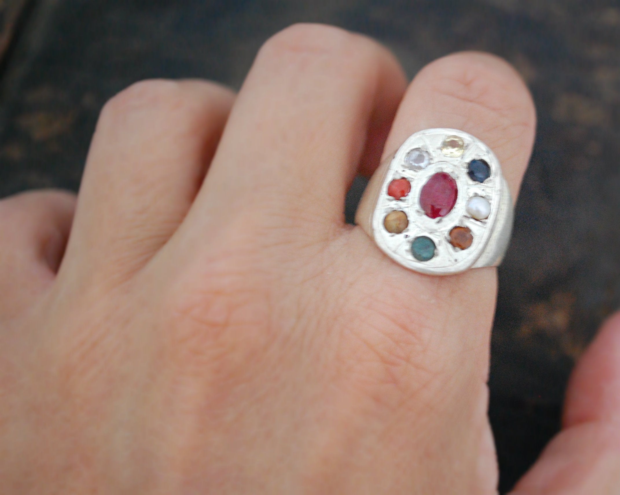 Indian Navaratna Nine Gemstone Astrology Ring - Size 8.5