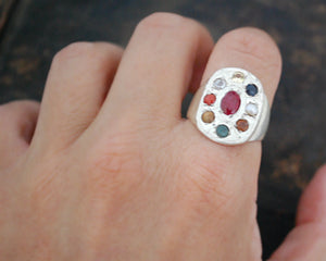 Indian Navaratna Nine Gemstone Astrology Ring - Size 8.5