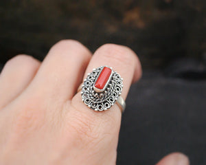 Nepali Coral Silver Ring - Size 8