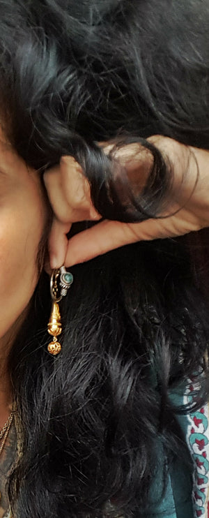 Ethnic Bali Hoop Earrings with Blue Stone