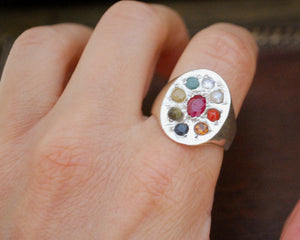 Indian Navaratna Nine Gemstone Astrology Ring - Size 8.5