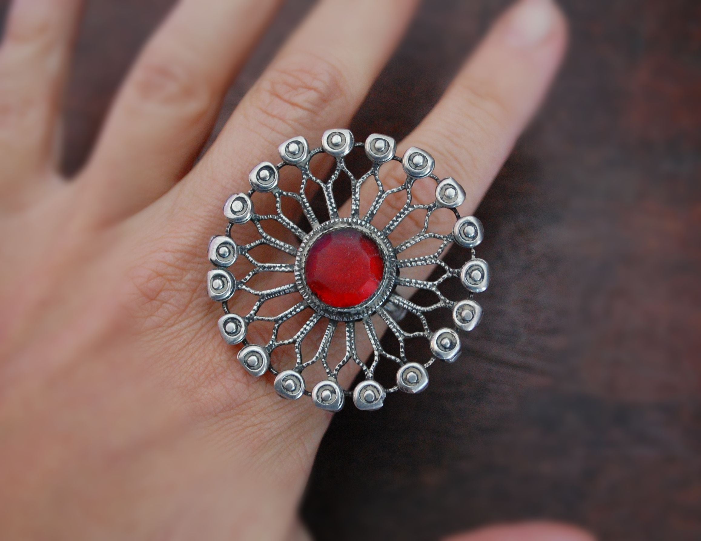 Huge Antique Afghani Silver Ring with Red Glass - Size 7.25