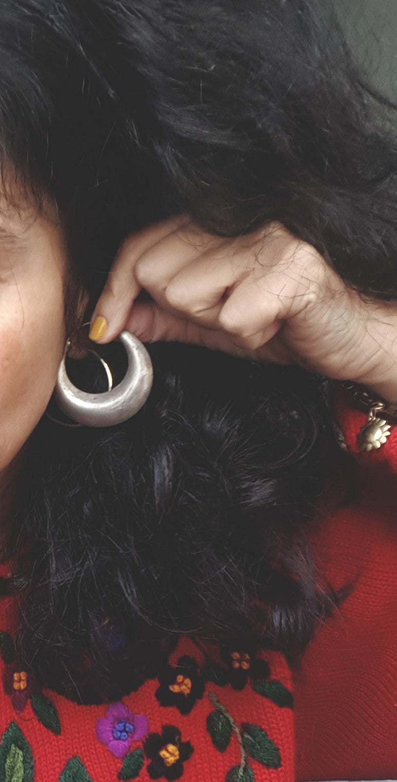 Large Flatened Ethnic Hoop Earrings Brushed - LARGE