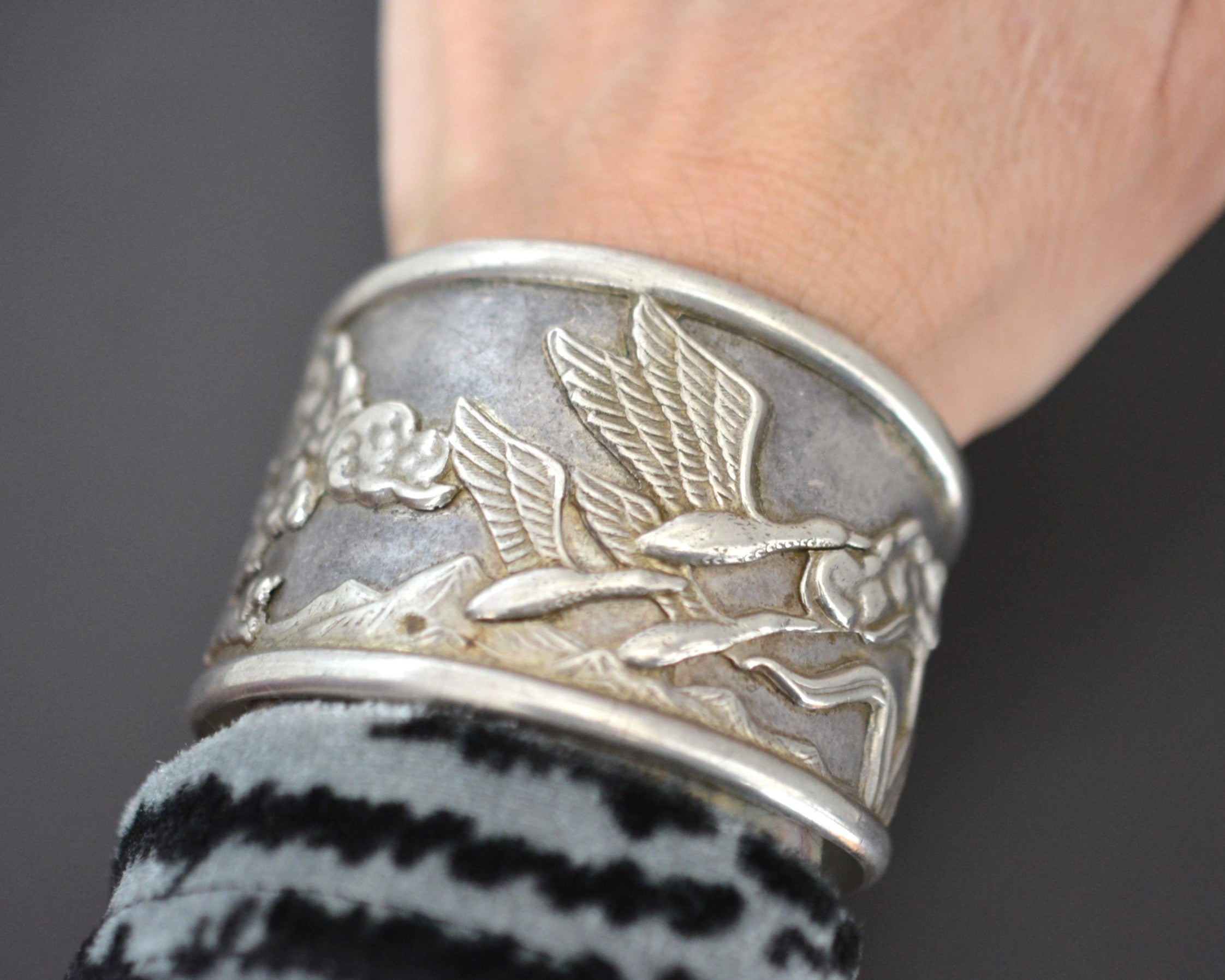 Ethnic Wide Cuff Bracelet with Nature and Cranes
