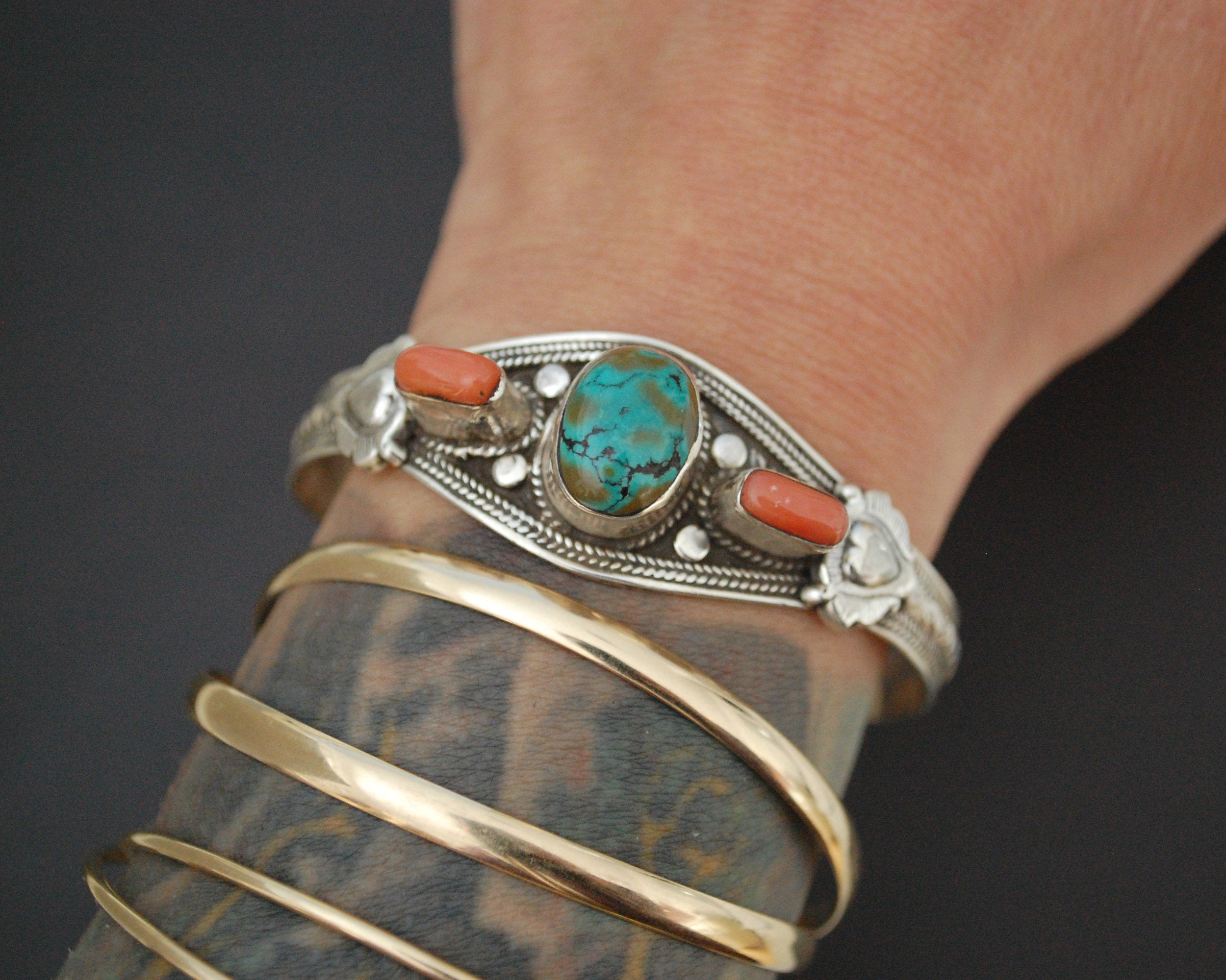 Nepali Turquoise Coral Cuff Bracelet
