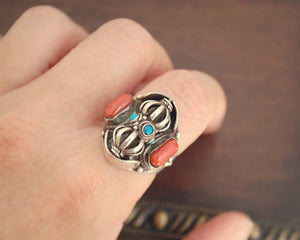 Nepali Coral Turquoise Dorje Ring - Adjustable Size