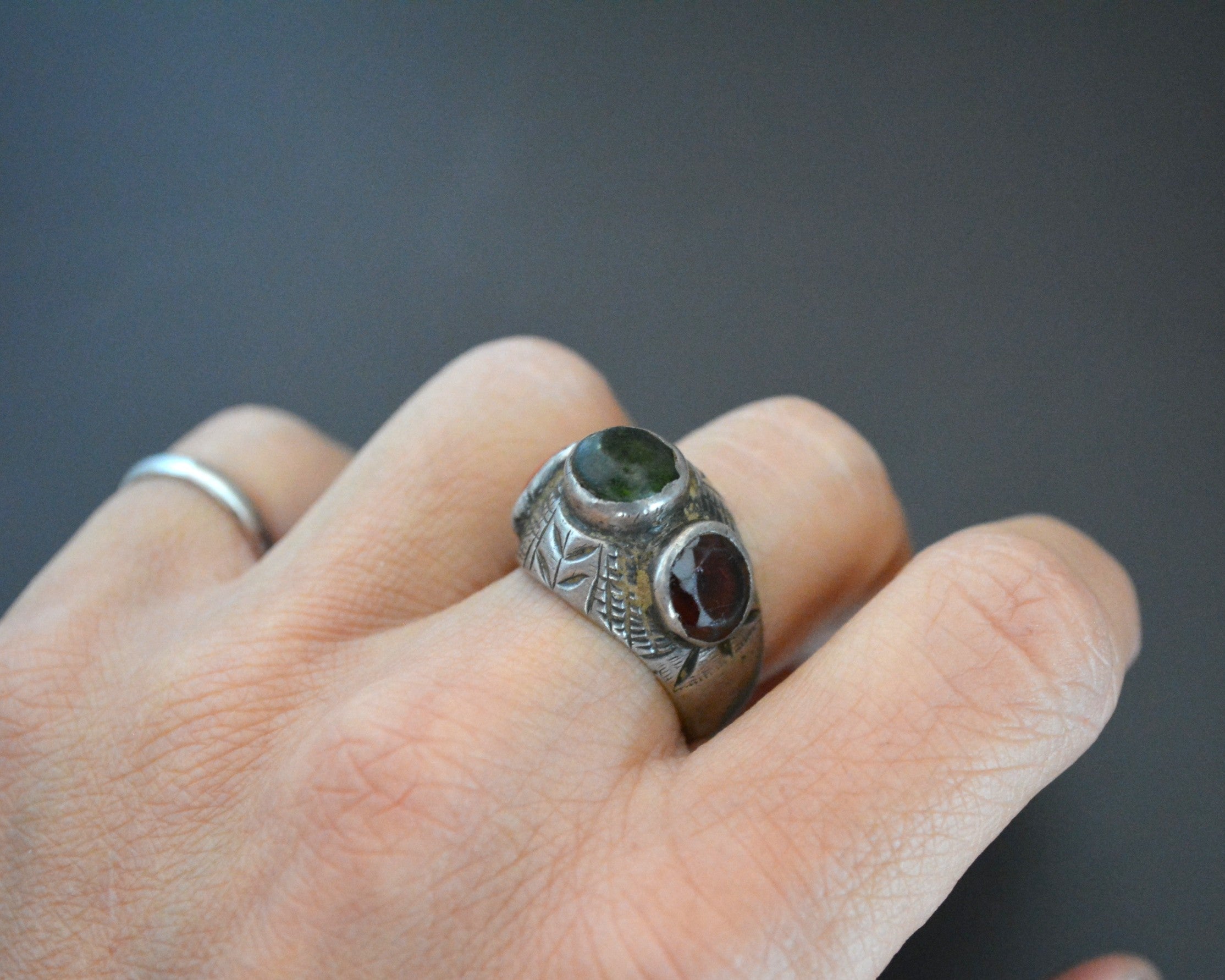 Old Afghani Coral and Glass Ring - Size 6.5