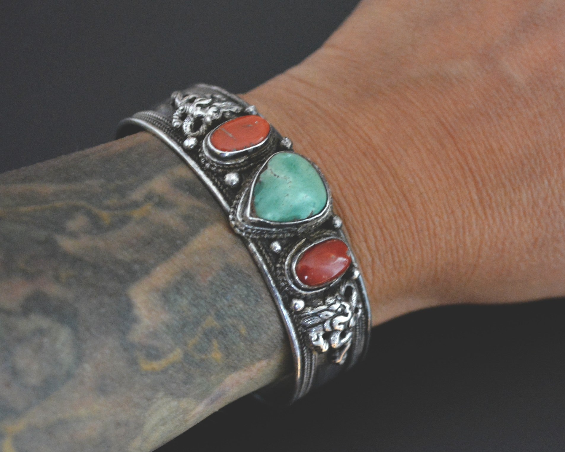 Nepali Turquoise Coral Cuff Bracelet