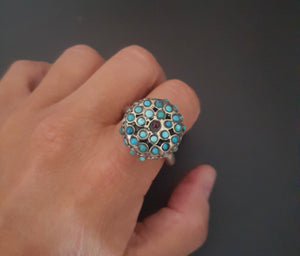 Central Asian Turquoise Garnet Silver Ring - Size 8
