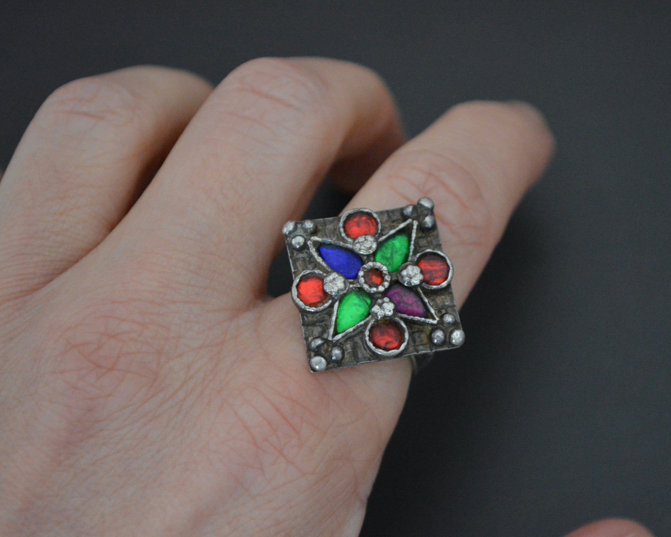 Afghani Ring with Glass Stones - Size 6.5