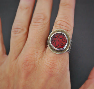 Afghani Silver Ring with Red Glass and Ornate Band - Size 7.5