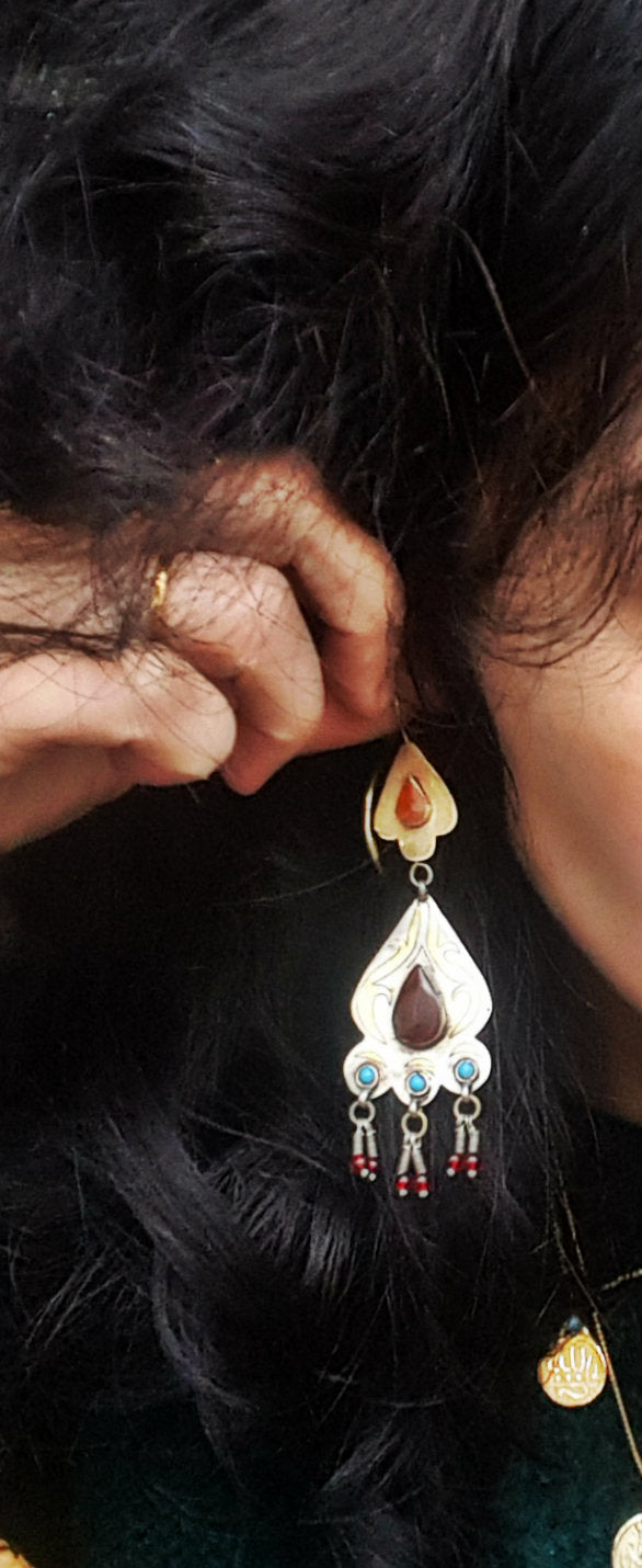 Turkmen Gilded Earrings with Carnelian and Turquoise