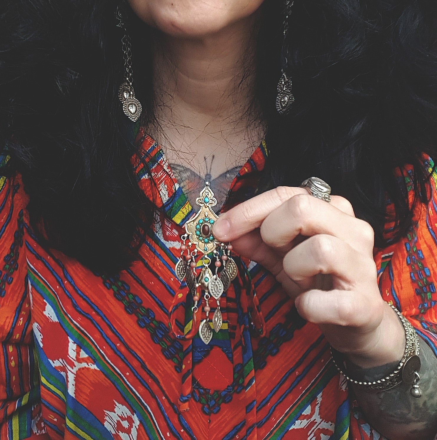 Gilded Uzbek Coral Turquoise Pendant