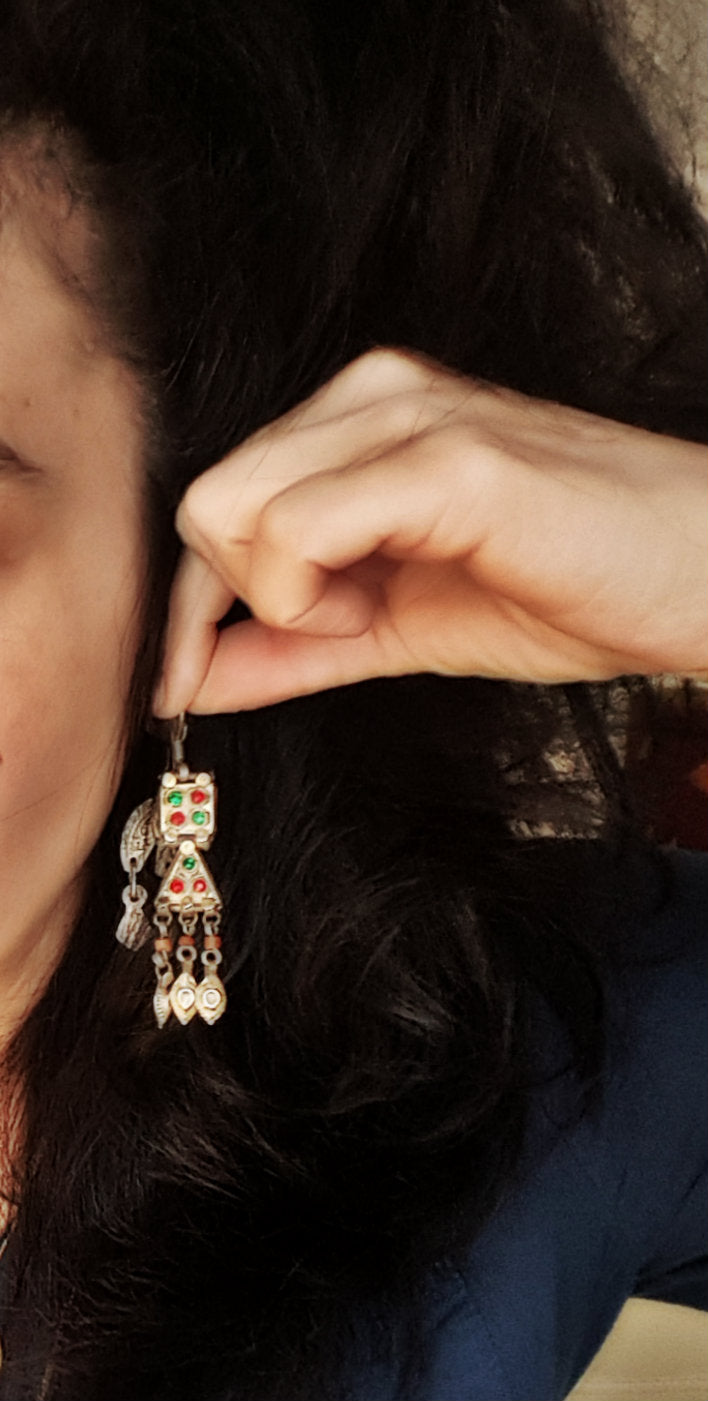 Uzbek Gilded Coral and Glass Earrings