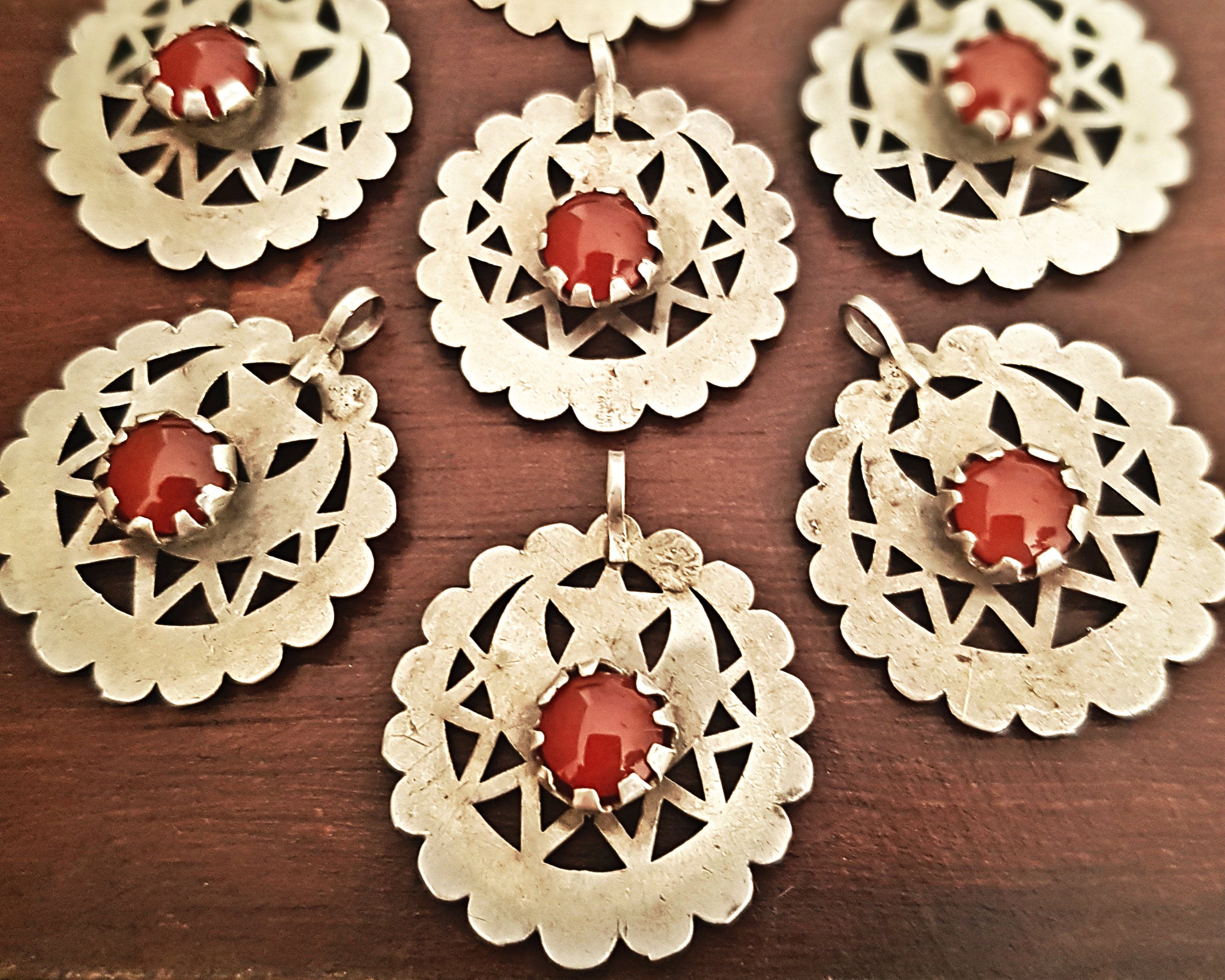 Afghani Crescent Moon Carnelian Pendants with Crescent Moon and Star