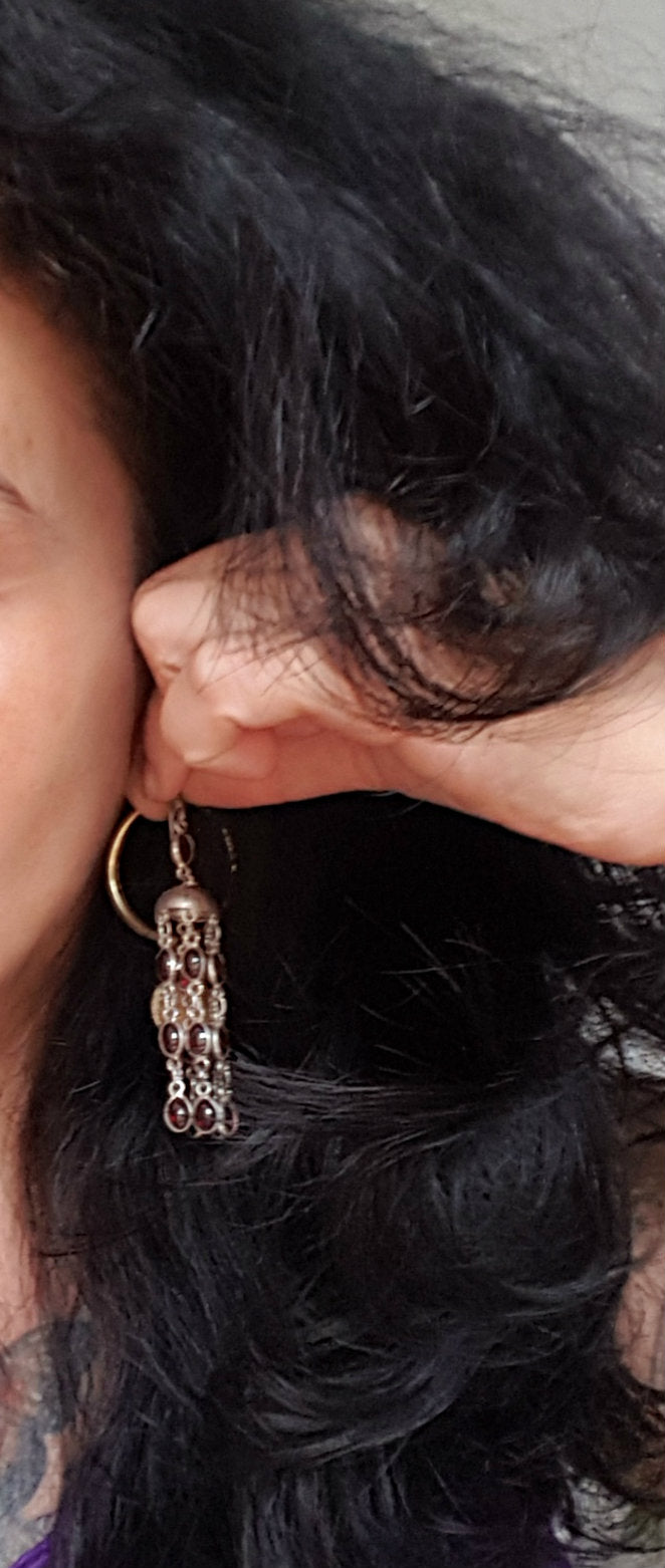 Long Indian Dangle Earrings with Garnet