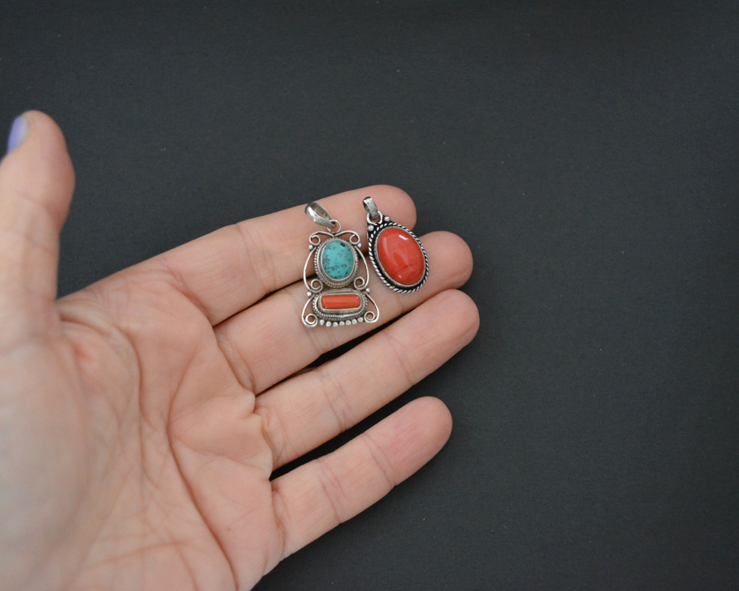 Set Nepali Turquoise Coral Pendants - Set of Two