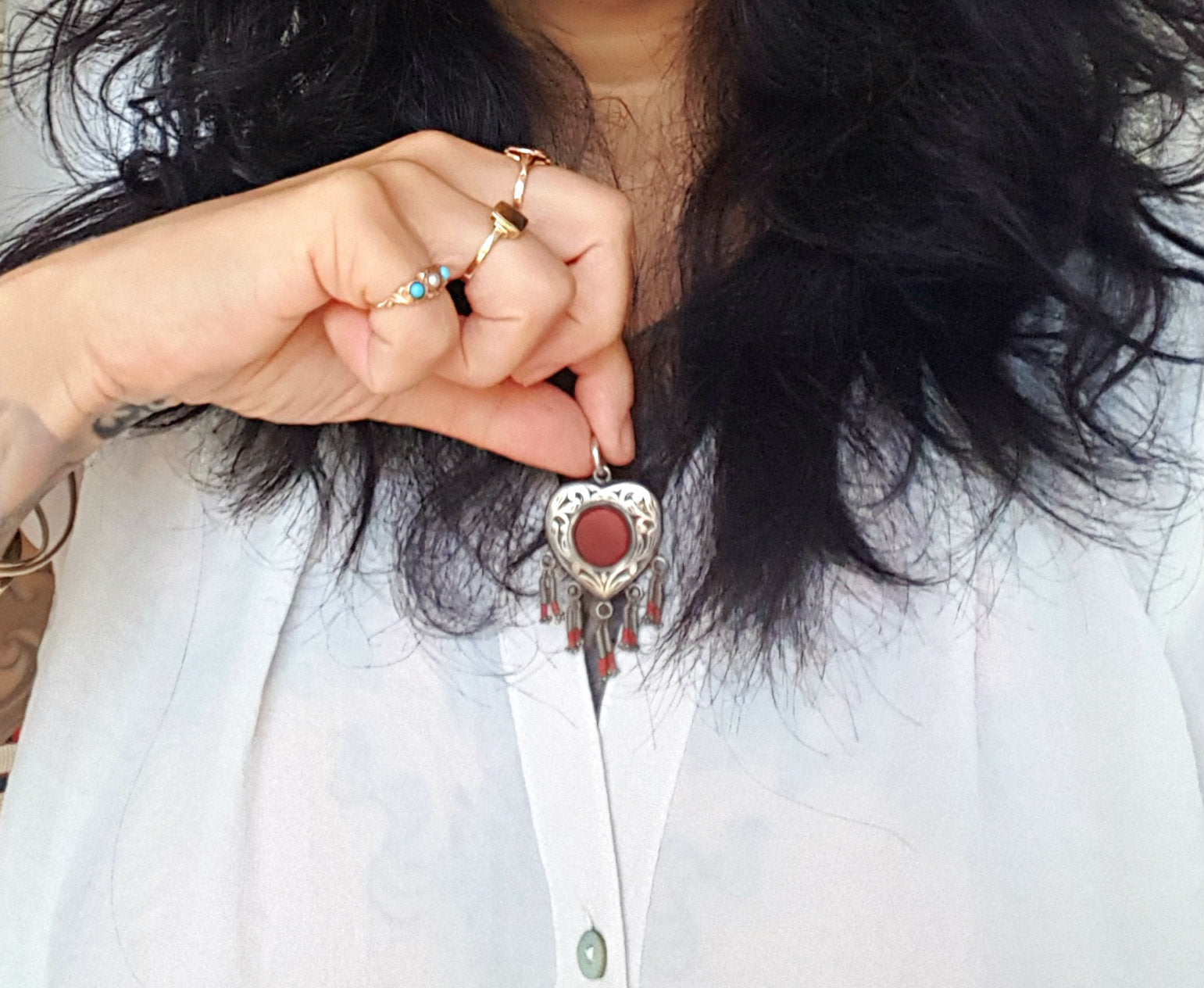 Turkmen Carnelian Heart Shaped Pendant with Coral Dangles
