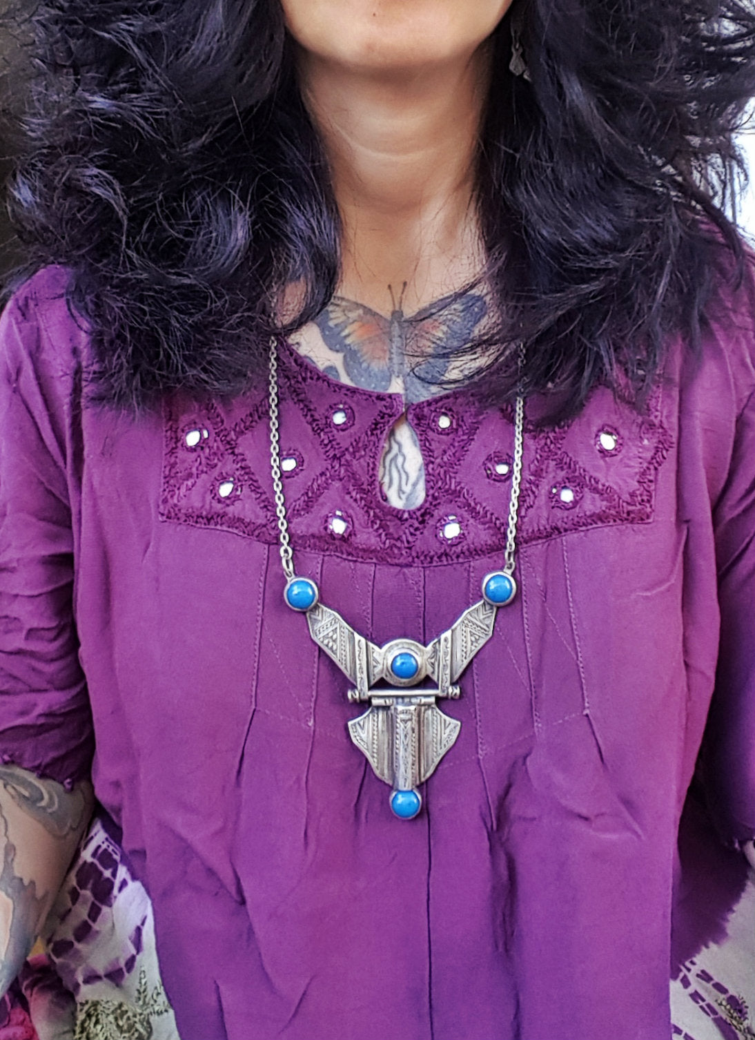 Tuareg Blue Beads Carved Pendant Necklace