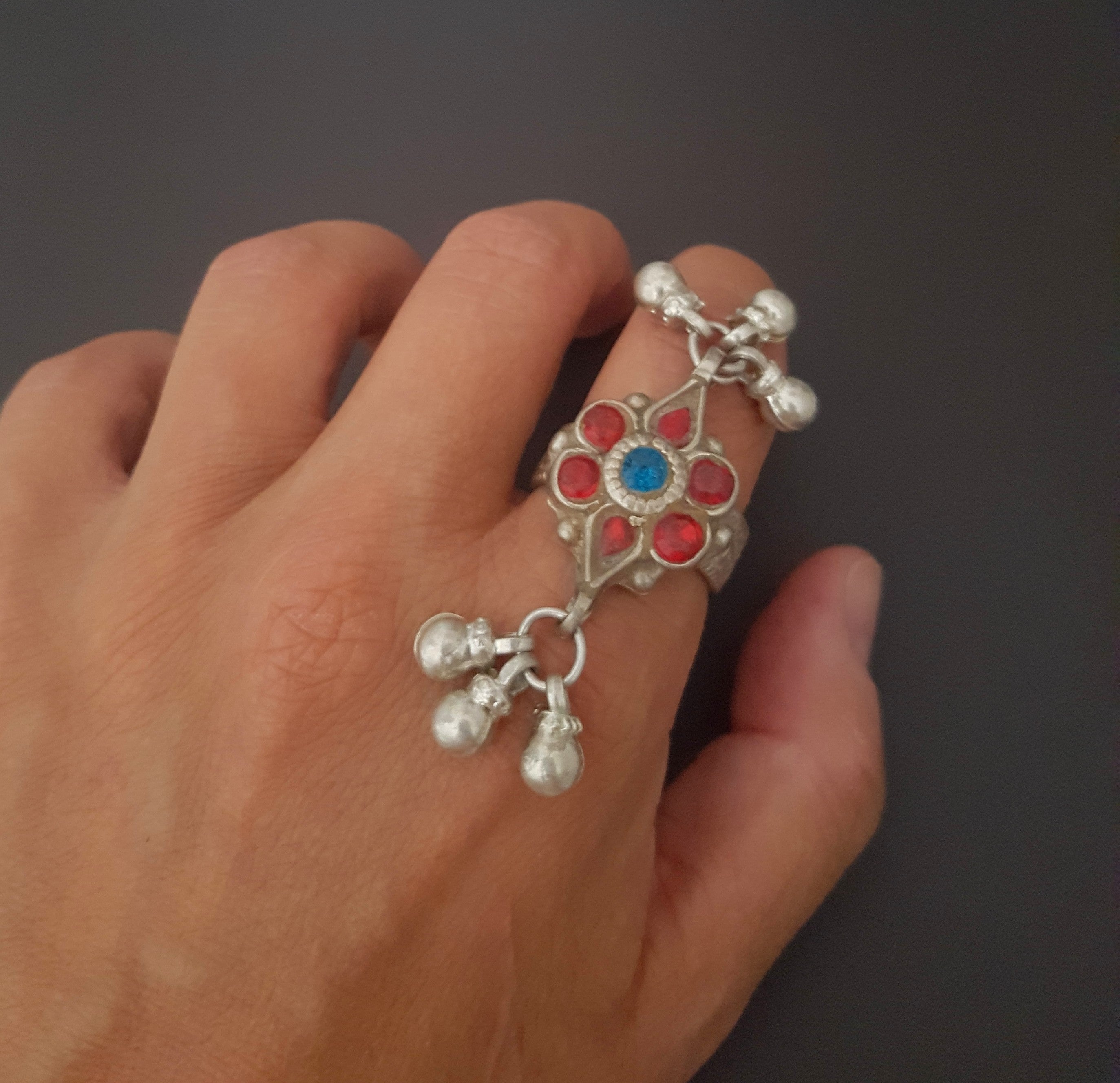 Rajasthani Flower Ring with Glass Stones and Bells - Size 9