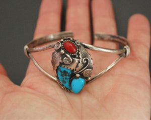 Navajo Turquoise Coral Claw Cuff Bracelet