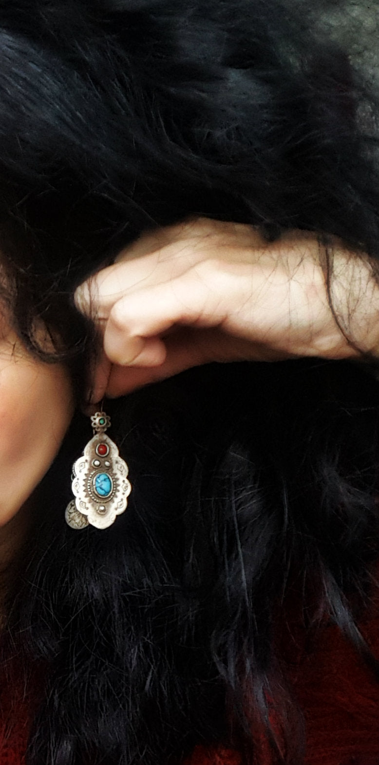 Turkmen Earrings with Coral and Turquoise