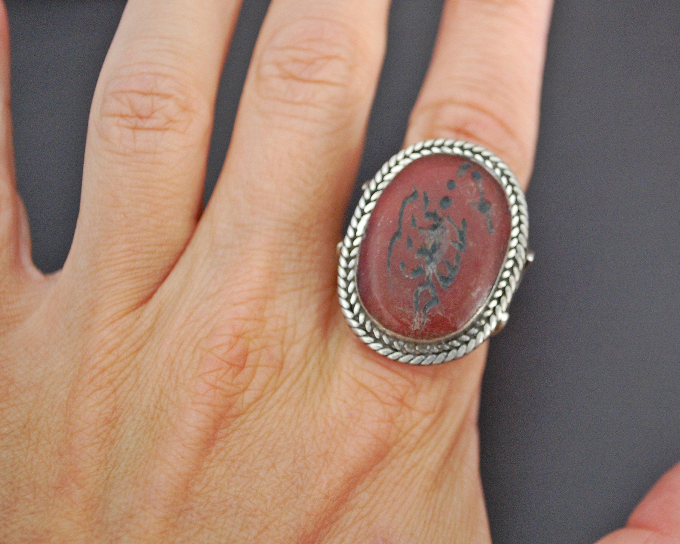 Afghani Crescent Moon Scorpion Intaglio Ring - Size 7.5