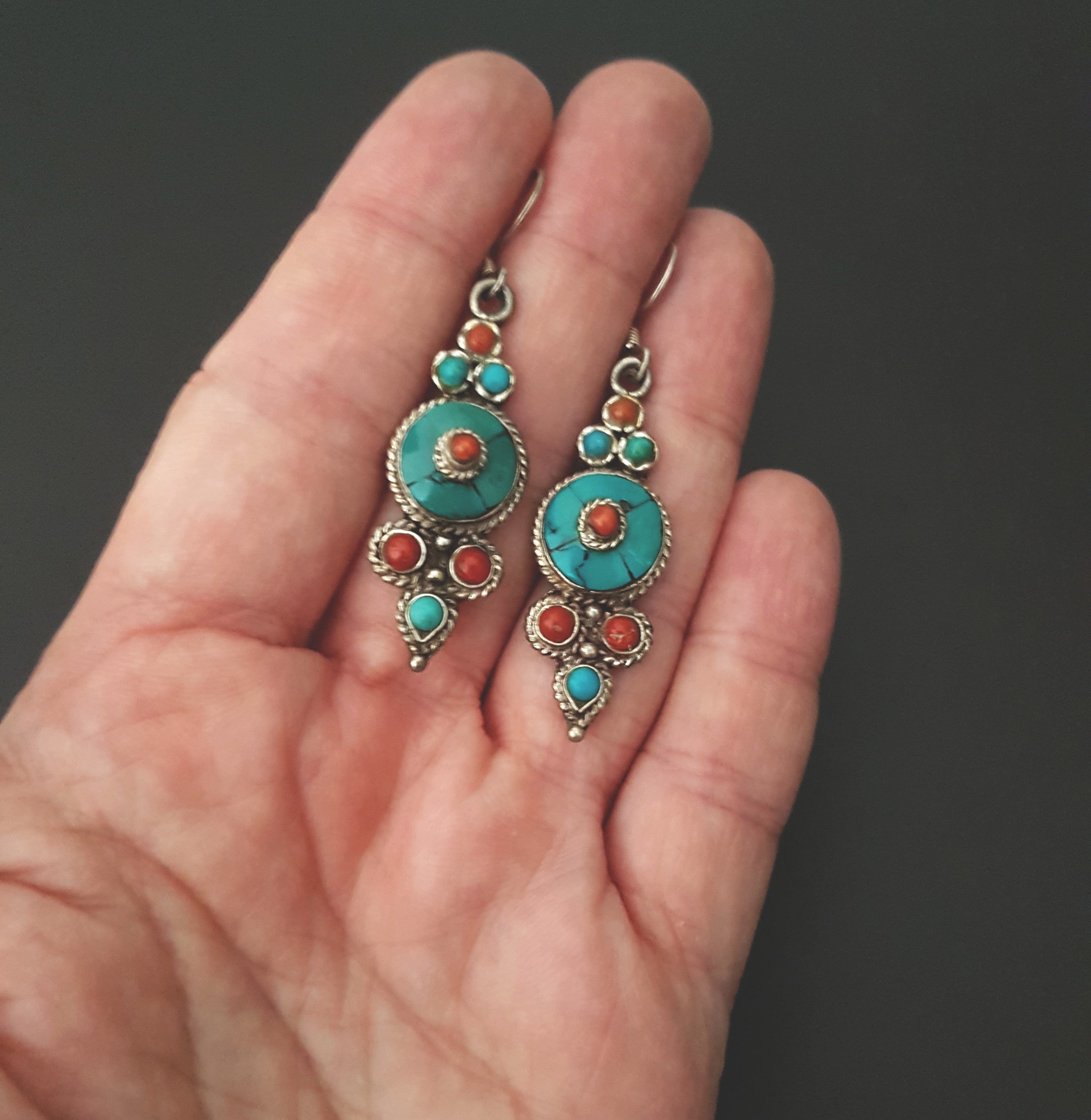 Reserved E._Nepali Tibetan Coral Turquoise Earrings