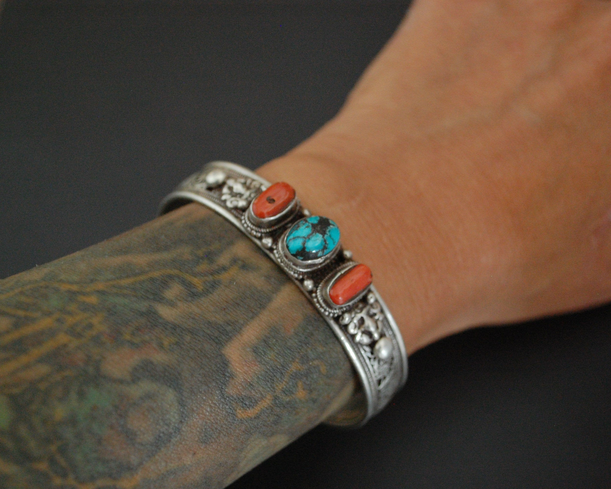 Nepali Turquoise Coral Cuff Bracelet with Filigree Work