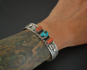 Nepali Turquoise Coral Cuff Bracelet with Filigree Work