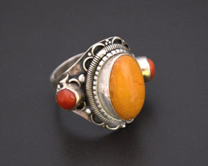 Nepali Coral Amber Saddle Ring - Size 7.5+