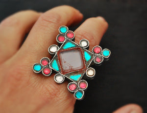 Afghani Silver Ring with Red Glass - Size 6.5 - Pashtun Ring