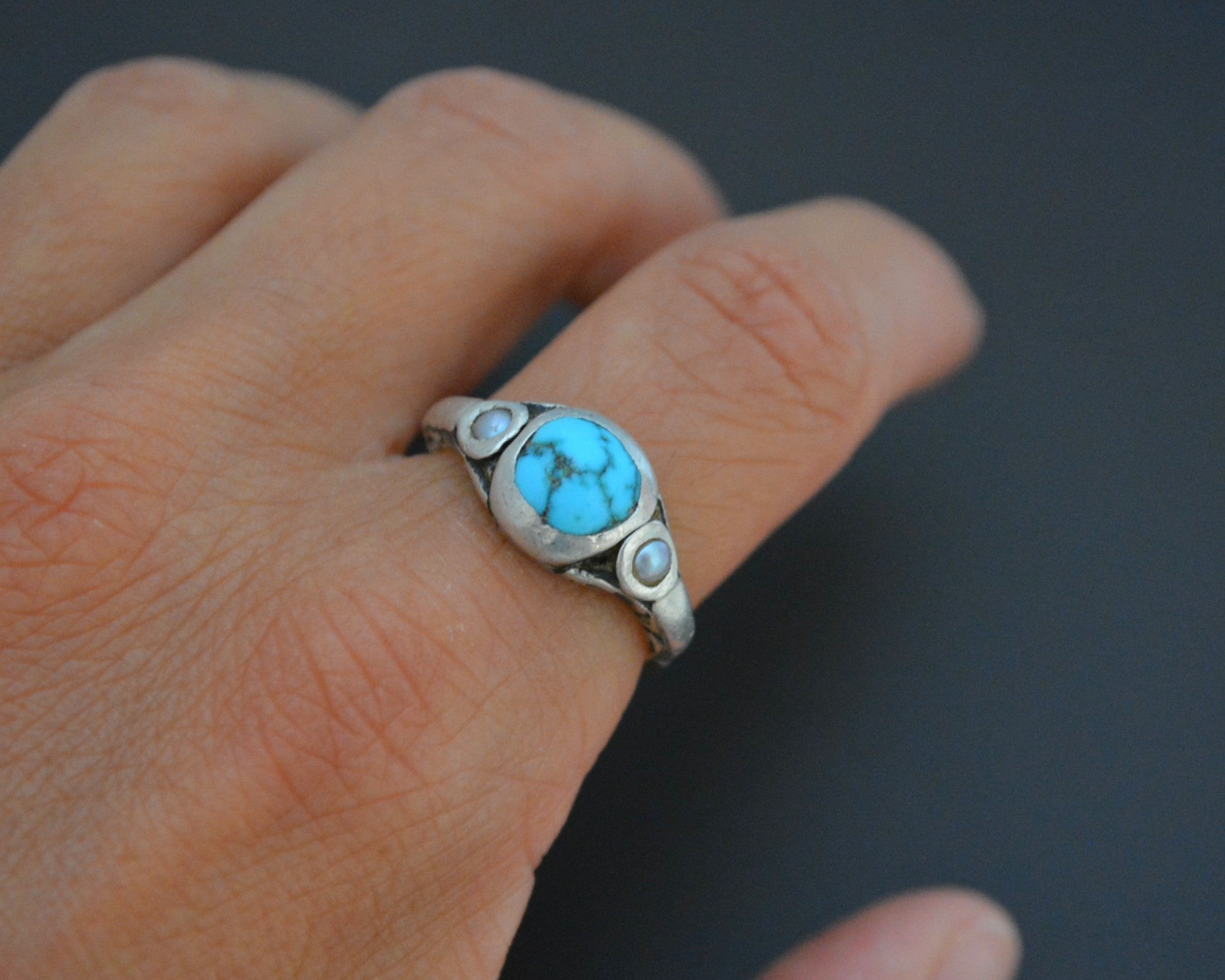 Old Tibetan Turquoise Pearl Ring - Size 7.5